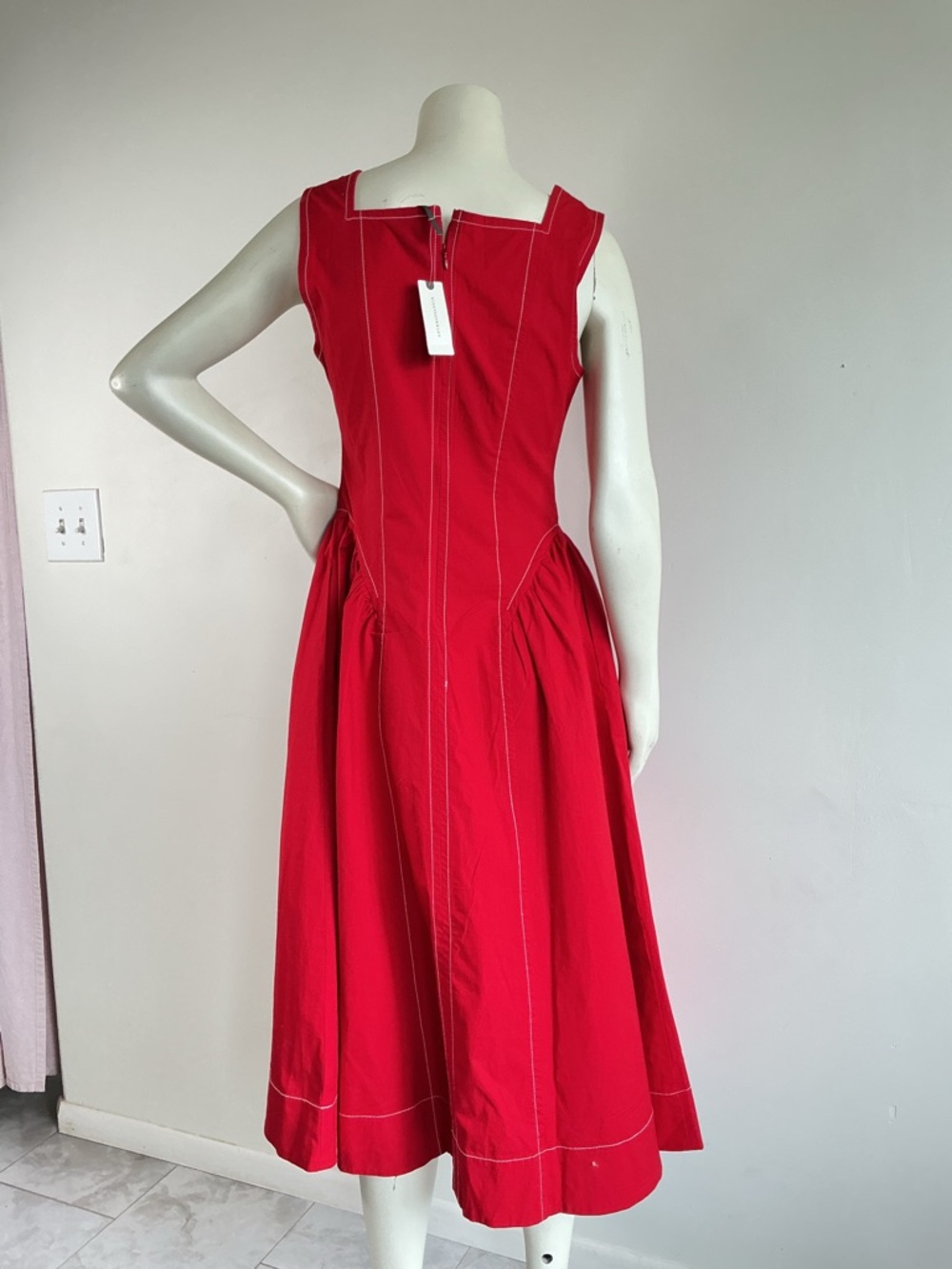 NEW Anthropologie Red Structured Midi Dress Contrast Stitch Pockets Square Neck - Picture 4 of 10